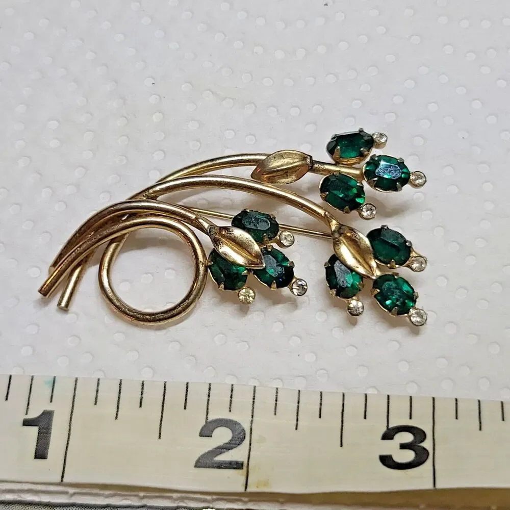 Green Marquise Rhinestone Floral Spray Brooch Pin Gold Tone Prong Vintage